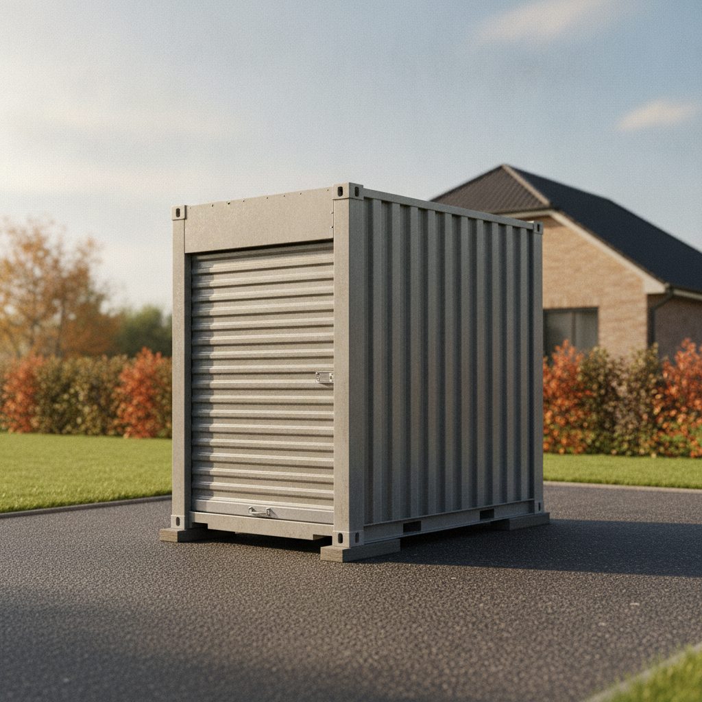 Portable moving storage container in a residential driveway